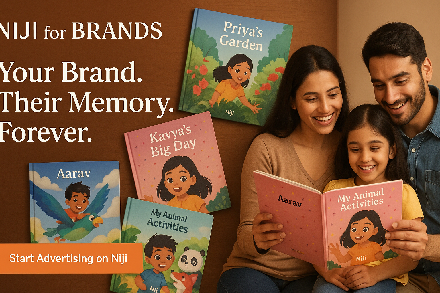 Hero banner for Niji for Brands with headline text overlay showing "Your Brand. Their Memory. Forever." alongside personalized storybooks with Indian names and happy families