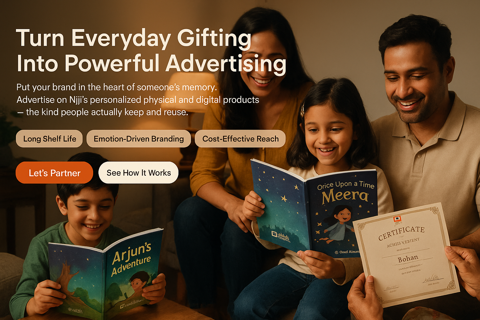 Hero banner showing "Turn Everyday Gifting Into Powerful Advertising" with personalized products featuring Indian names and subtle brand integration