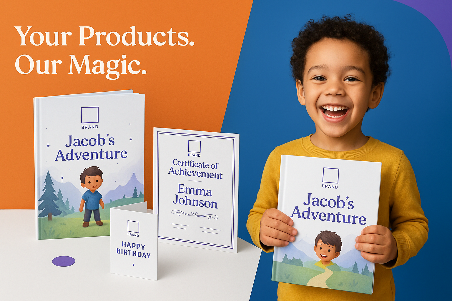 Optimized hero banner with split-screen layout showing personalized product mockups on left and happy child with personalized product on right, using Niji brand colors