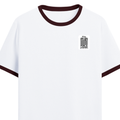 Ringer T-shirt | Unisex | DTG Print | Contrast Trim | Men's, Women's | Personalized | DTG | Typography-focused | Trust | Friendship | Reassuring - left pocket - Maroon off white - mockup 3