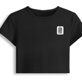 Female Baby Tee | Cropped Fit, Gen Z | 95% Cotton 5% Spandex, DTG | Stretchable, Breathable, Pre-Shrunk | Women | Personalized | DTG | Typography-focused | Trust | Friendship | Reassuring - left pocket - Black - mockup 3