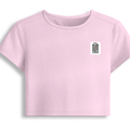Female Baby Tee | Cropped Fit, Gen Z | 95% Cotton 5% Spandex, DTG | Stretchable, Breathable, Pre-Shrunk | Women | Personalized | DTG | Typography-focused | Trust | Friendship | Reassuring - left pocket - Light Baby Pink - mockup 3