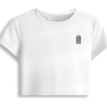 Female Baby Tee | Cropped Fit, Gen Z | 95% Cotton 5% Spandex, DTG | Stretchable, Breathable, Pre-Shrunk | Women | Personalized | DTG | Typography-focused | Trust | Friendship | Reassuring - left pocket - White - mockup 3