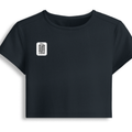 Female Baby Tee | Cropped Fit, Gen Z | 95% Cotton 5% Spandex, DTG | Stretchable, Breathable, Pre-Shrunk | Women | Personalized | DTG | Typography-focused | Trust | Friendship | Reassuring - right pocket - Navy Blue - mockup 4