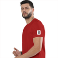 Basic T-Shirt | Unisex Fit, Sizes XS-2XL | 180 GSM Poly-Cotton Blend, DTF Ready | Bio-Wash, Silicon Finish, Durable Stitching | Adults | Personalized | DTF | Typography-focused | Trust | Friendship | Reassuring - left sleeve - Red - mockup 5