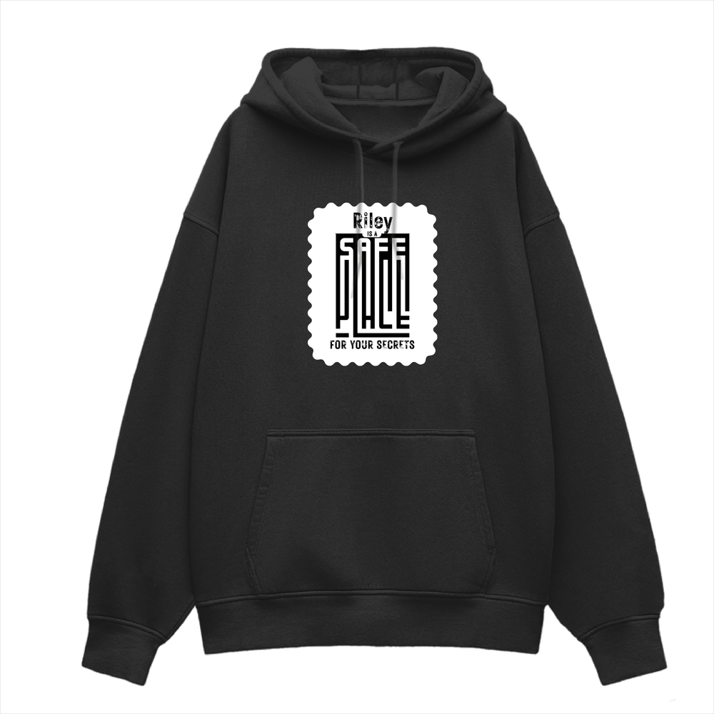 Oversized Hoodie | Unisex Relaxed Fit | 400 GSM Cotton Blend | DTG Printed | Drop Shoulder, Pre-Shrunk | Adults | Personalized | DTG | Typography-focused | Trust | Friendship | Reassuring - front - Black - mockup 1