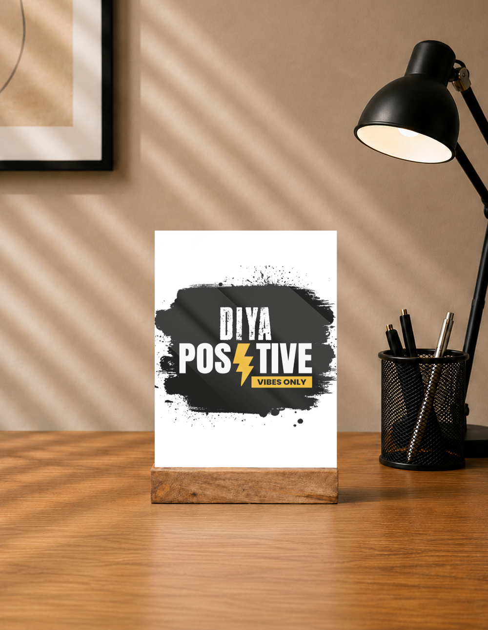 Acrylic Photo Frame | 5x7 Tabletop Display | UV Printed Acrylic & Wood Stand | Personalized Gift & Home Decor | Personalized | Bold Typography | Positivity | Self-expression | Everyday | Positive | Positive Vibes - front - mockup 1