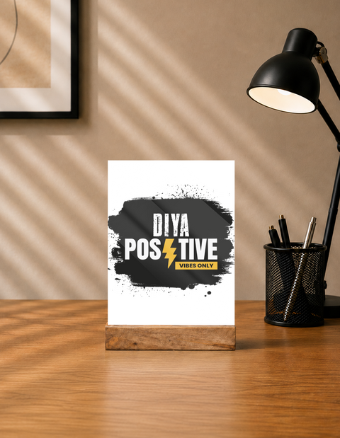 Acrylic Photo Frame | 5x7 Tabletop Display | UV Printed Acrylic & Wood Stand | Personalized Gift & Home Decor | Personalized | Bold Typography | Positivity | Self-expression | Everyday | Positive | Positive Vibes - front - mockup 1