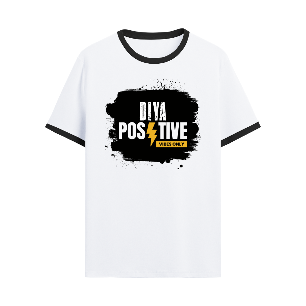 Ringer T-shirt | Unisex | DTG Print | Contrast Trim | Men's, Women's | Personalized | DTG | Bold Typography | Positivity | Self-expression | Everyday | Positive | Positive Vibes - front - Black White - mockup 1