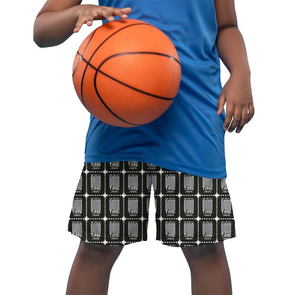 Kids AOP Sports Shorts | Unisex Fit | 170 GSM Polyester | Breathable, Pockets, Drawstring | Boys & Girls | Personalized | Modern | Positive Outlook | Everyday | Positive - front - White - mockup 1