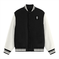 Varsity Jacket | Unisex Fit | 100% Cotton DTG | Ribbed Hems, Button Closure, Pockets | Unisex | Personalized | DTG | Modern | Positive Outlook | Everyday | Positive - left pocket - Black - mockup 1
