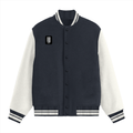 Varsity Jacket | Unisex Fit | 100% Cotton DTG | Ribbed Hems, Button Closure, Pockets | Unisex | Personalized | DTG | Modern | Positive Outlook | Everyday | Positive - right pocket - Navy Blue - mockup 2