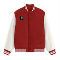 Varsity Jacket | Unisex Fit | 100% Cotton DTG | Ribbed Hems, Button Closure, Pockets | Unisex | Personalized | DTG | Modern | Positive Outlook | Everyday | Positive - right pocket - Red - mockup 2