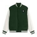 Varsity Jacket | Unisex Fit | 100% Cotton, 300 GSM | Button Closure, Front Pockets | Adults | Personalized | Embroidery | Modern | Positive Outlook | Everyday | Positive - left pocket - Bottle Green - mockup 1