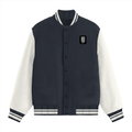 Varsity Jacket | Unisex Fit | 100% Cotton, 300 GSM | Button Closure, Front Pockets | Adults | Personalized | Embroidery | Modern | Positive Outlook | Everyday | Positive - left pocket - Navy Blue - mockup 1