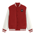 Varsity Jacket | Unisex Fit | 100% Cotton, 300 GSM | Button Closure, Front Pockets | Adults | Personalized | Embroidery | Modern | Positive Outlook | Everyday | Positive - left pocket - Red - mockup 1