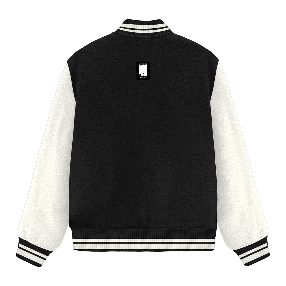 Varsity Jacket | Unisex Fit | 100% Cotton, 300 GSM | Button Closure, Front Pockets | Adults | Personalized | Embroidery | Modern | Positive Outlook | Everyday | Positive - back - Black - mockup 3