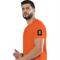 Male Classic Crew T-Shirt | Men's Regular Fit | 180 GSM Bio-Washed Cotton Blend | Embroidery | Pre-Shrunk, Double-Stitched | Personalized | Modern | Positive Outlook | Everyday | Positive - left sleeve - Orange - mockup 5