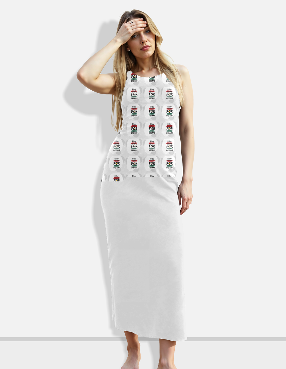Female Bodycon Dress | Full-Length Skin-Fit | 220 GSM Poly-Spandex AOP | Breathable, Stretchable, Side Slit | Women | Personalized | Bold | Career | Everyday | Empowering - front - White - mockup 1