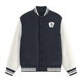 Varsity Jacket | Unisex Fit | 100% Cotton DTG | Ribbed Hems, Button Closure, Pockets | Unisex | Personalized | DTG | Bold | Career | Everyday | Empowering - left pocket - Navy Blue - mockup 1