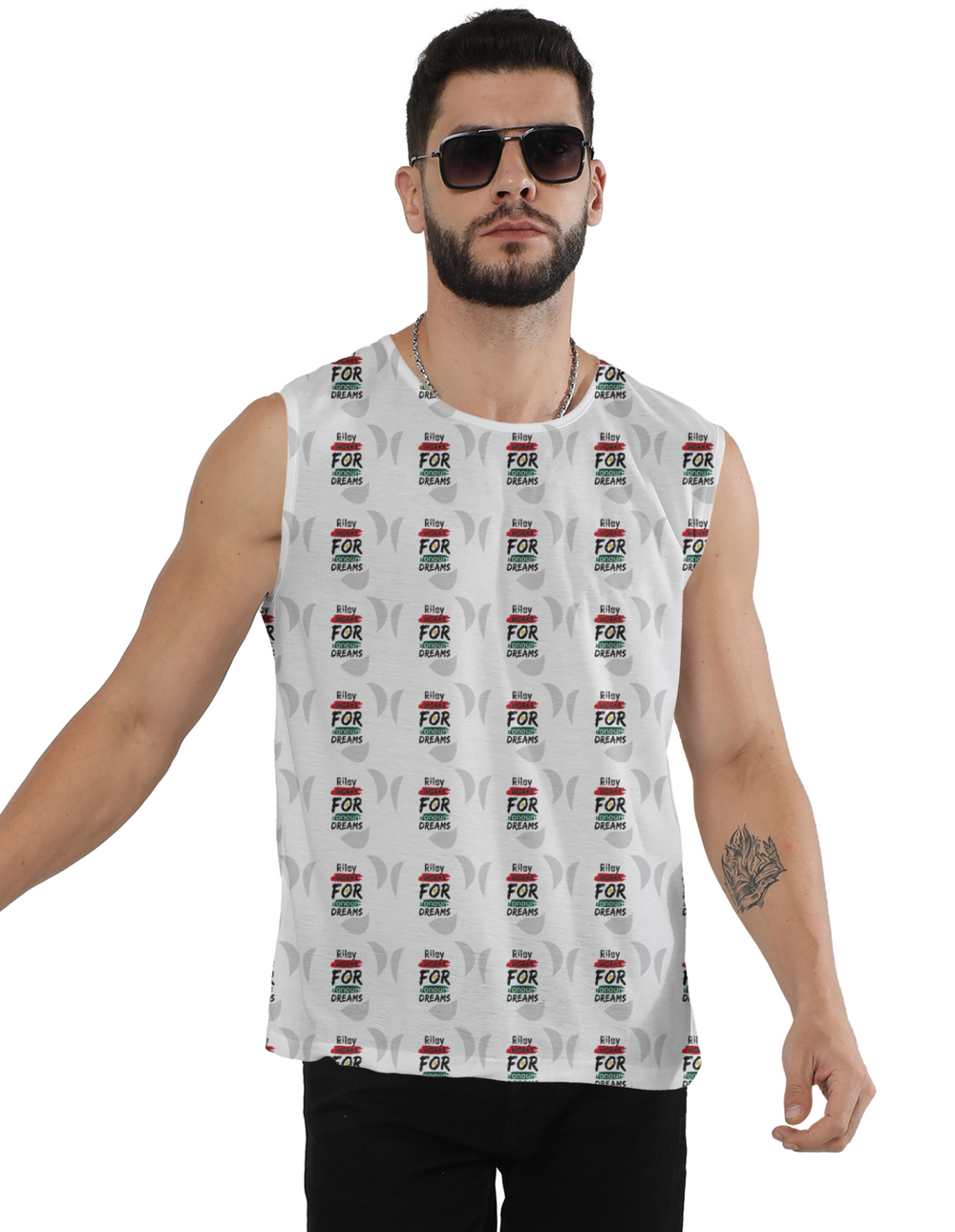 Male Sleeveless Tee | Regular Fit Men's | 180 GSM Spun Polyester | All-Over Sublimation Print | Fade-Proof | Double-Stitched | Personalized | Bold | Career | Everyday | Empowering - front - mockup 1
