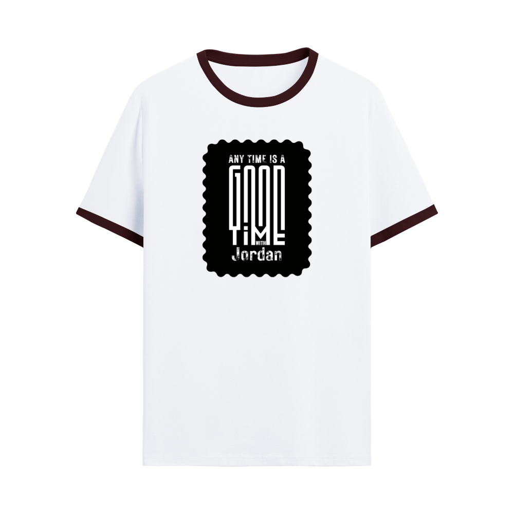 Ringer T-shirt | Unisex Regular Fit | 100% Cotton DTF/DTG | Contrast Rib Neck Bio Washed Pre-Shrunk | Adults | Personalized | DTF | Monochromatic | Good Times | Everyday | Positive - front - Maroon off white - mockup 1