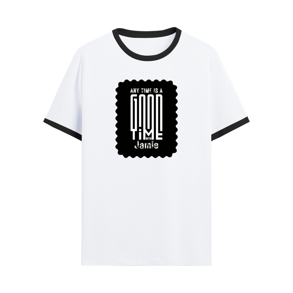 Ringer T-shirt | Unisex | DTG Print | Contrast Trim | Men's, Women's | Personalized | DTG | Bold Typography | Friendship | Love | Everyday | Joyful - front - Black White - mockup 1
