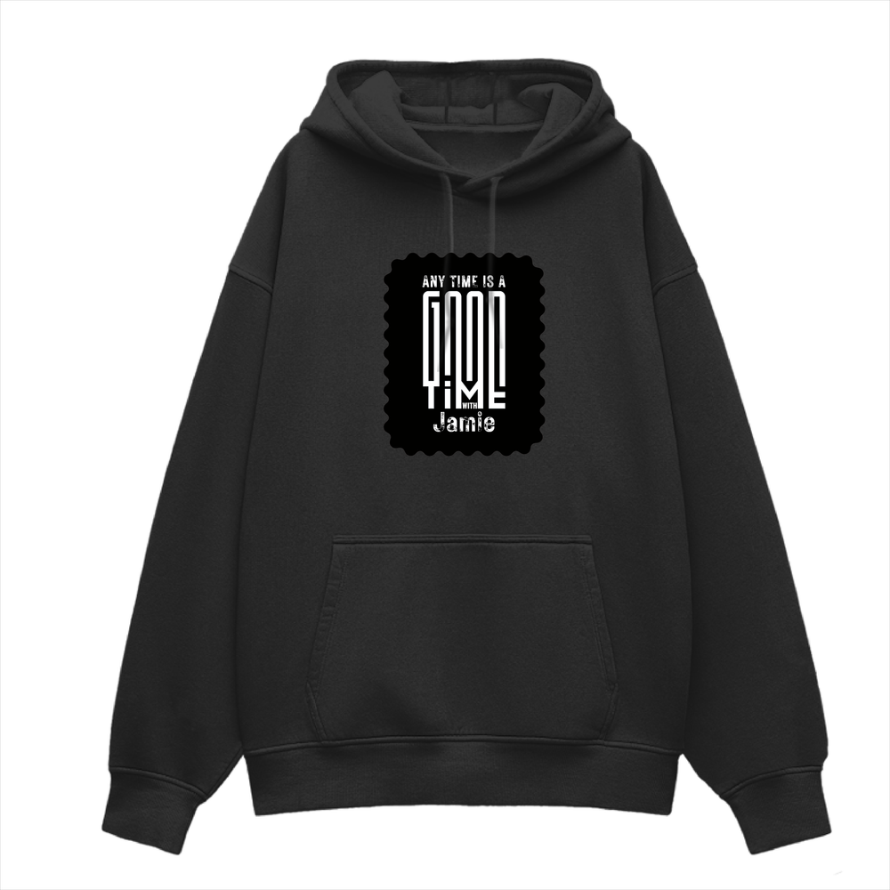 Oversized Hoodie | Unisex Relaxed Fit | 400 GSM Cotton Blend | DTG Printed | Drop Shoulder, Pre-Shrunk | Adults | Personalized | DTG | Bold Typography | Friendship | Love | Everyday | Joyful - front - Black - mockup 1