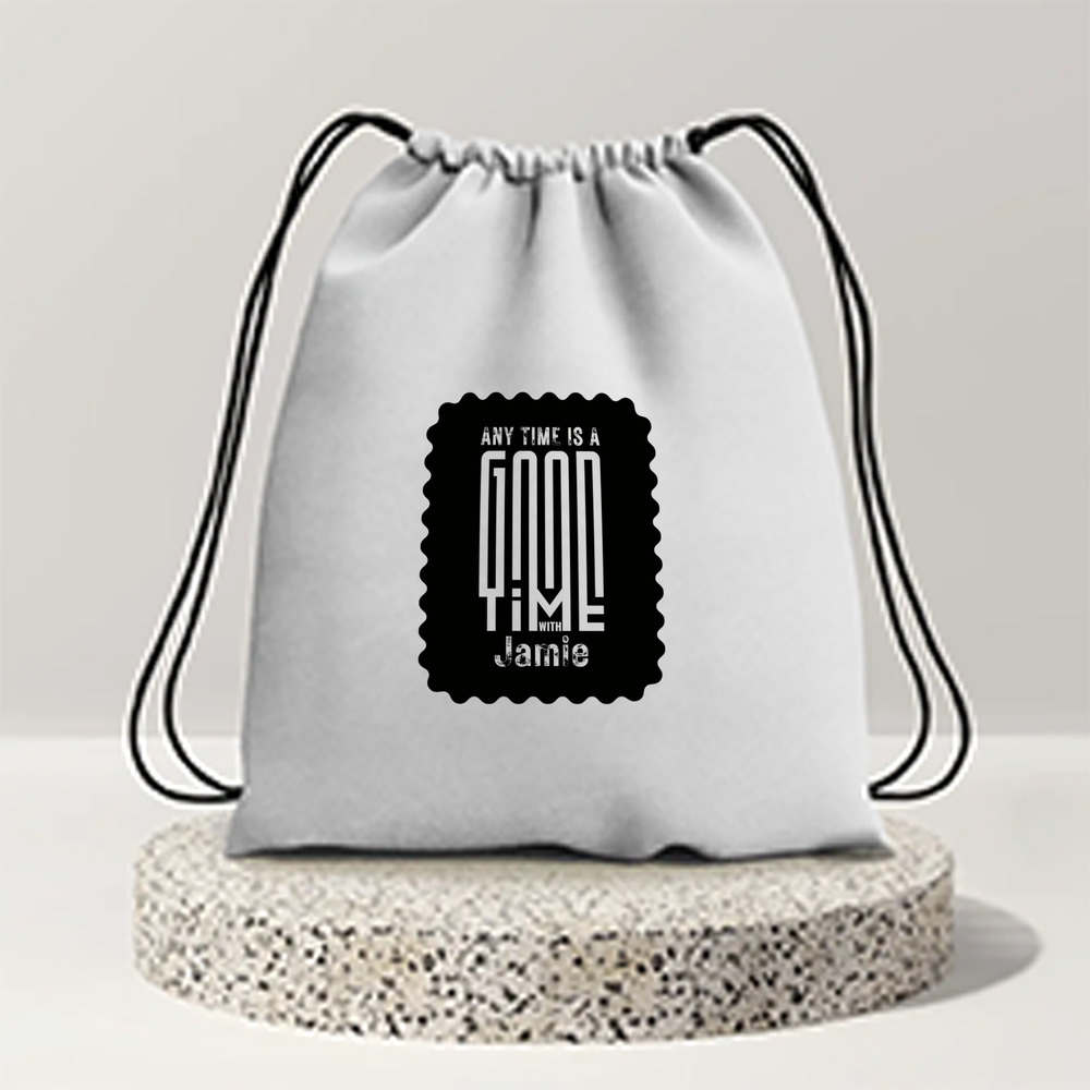 Drawstring Bag | Unisex | 280 GSM Cotton | Sturdy Drawstrings, Heavy-Duty | Printing, Embroidery | Personalized | Embroidery | DTG | Bold Typography | Friendship | Love | Everyday | Joyful - front - mockup 1
