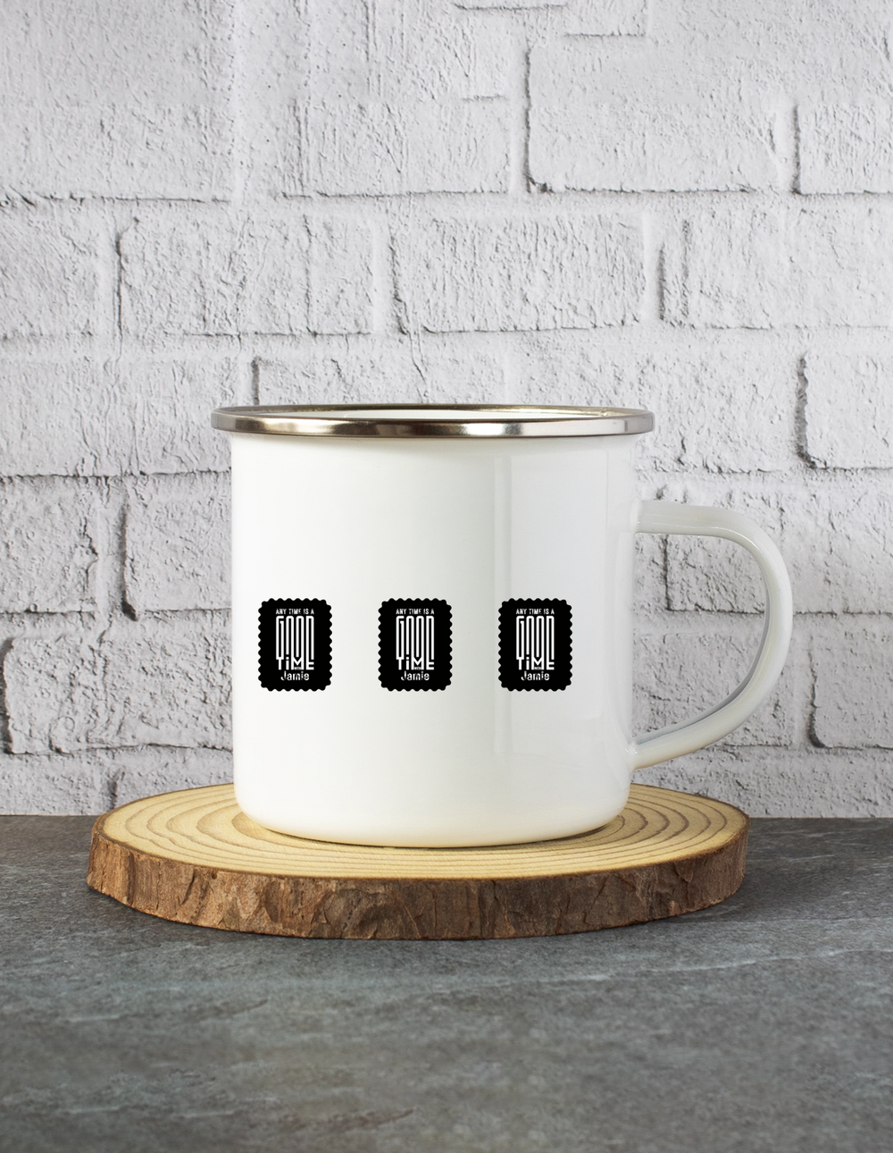White Enamel Mugs | 11 Oz | Enamel Coated Stainless Steel | Dishwasher Safe, Shatterproof | Unisex | Personalized | Bold Typography | Friendship | Love | Everyday | Joyful - front - mockup 1