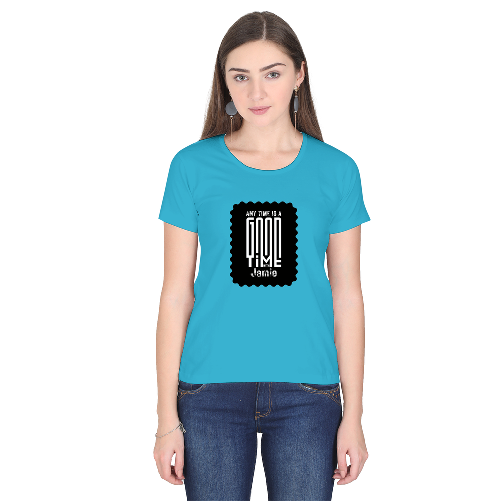 Women's Classic Crew T-Shirt | Regular Fit | 180 GSM Bio-Washed Cotton | DTF Print Ready | Double Stitched, Pre-Shrunk | Personalized | DTF | Bold Typography | Friendship | Love | Everyday | Joyful - front - SkyBlue - mockup 1