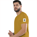 Female Classic Crew T-Shirt | Women's Regular Fit | 180 GSM Bio-Washed Cotton | Double Stitched, Pre-Shrunk | Personalized | DTG | Typographic | Design | Everyday | Confident - left sleeve - Mustard Yellow - mockup 5