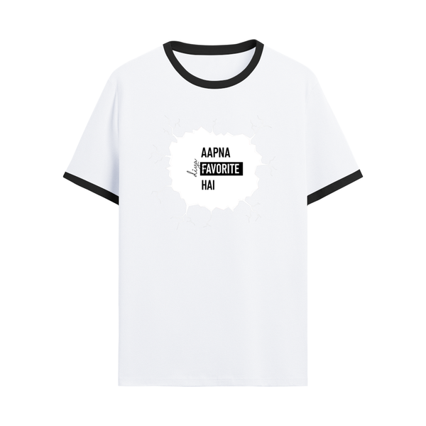Ringer T-shirt | Unisex Regular Fit | 100% Cotton DTF/DTG | Contrast Rib Neck Bio Washed Pre-Shrunk | Adults | Personalized | DTF | Typographic | Identity | Everyday | Assertive | The Favorite One - front - Black White - mockup 1