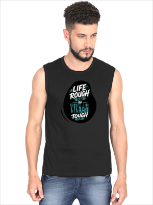 Men's Sleeveless T-Shirt | Regular Fit | 180 GSM Bio-Washed Cotton | Pre-Shrunk, Double Stitched | Men | Personalized | DTF | Typographic | Inner Strength | Perseverance | Everyday | Empowering | Life Rough, I’m Tough - front - Black - mockup 1