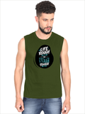Men's Sleeveless T-Shirt | Regular Fit | 180 GSM Bio-Washed Cotton | Pre-Shrunk, Double Stitched | Men | Personalized | DTF | Bold Typography | Overcoming Challenges | Inspirational | Life Rough, I’m Tough - front - Olive Green - mockup 1
