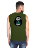 Men's Sleeveless T-Shirt | Regular Fit | 180 GSM Bio-Washed Cotton | Pre-Shrunk, Double Stitched | Men | Personalized | DTF | Bold Typography | Overcoming Challenges | Inspirational | Life Rough, I’m Tough - back - Olive Green - mockup 2