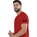 Basic T-Shirt | Unisex Fit | Poly-Cotton Blend | Bio & Silicon Washed | Durable Lycra Rib Neck | Adults | Personalized | DTG | Bold | Rebellion | Family Roles (son) | Everyday | Assertive - left sleeve - Red - mockup 5