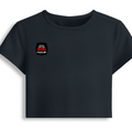 Female Baby Tee | Cropped Fitted | 95% Cotton 5% Spandex | Embroidery Ready | Pre-Shrunk, Stretchable, Breathable | Women's | Personalized | Embroidery | Bold Typography | Humor | Relationships | Everyday | Humorous - right pocket - Navy Blue - mockup 4