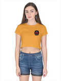 Female Crop Top | Regular Fit | 180 GSM Bio-Washed Cotton | Double Stitched, Ribbed Neck | Women | Personalized | Embroidery | Bold Typography | Humor | Relationships | Everyday | Humorous - left pocket - Golden Yellow - mockup 3