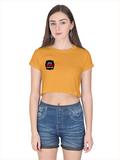 Female Crop Top | Regular Fit | 180 GSM Bio-Washed Cotton | Double Stitched, Ribbed Neck | Women | Personalized | Embroidery | Bold Typography | Humor | Relationships | Everyday | Humorous - right pocket - Golden Yellow - mockup 4