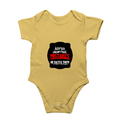 Baby Romper | 0-12 Months Regular Fit | 180 GSM Bio-Washed Cotton Blend | Double Stitched, Pre-Shrunk | Unisex | Personalized | DTF | Bold Typography | Humor | Relationships | Everyday | Humorous - front - Yellow - mockup 1