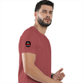 Male Classic Crew T-Shirt | Men's Regular Fit | 180 GSM Bio-Washed Cotton Blend | Embroidery | Pre-Shrunk, Double-Stitched | Personalized | Bold Typography | Humor | Relationships | Everyday | Humorous - right sleeve - Coral - mockup 6