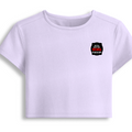 Female Baby Tee | Cropped Fitted | 95% Cotton/5% Spandex DTG | Soft Stretchy Breathable | Gen Z | Personalized | DTG | Bold Typography | Humor | Relationships | Everyday | Humorous - left pocket - Lavender - mockup 3