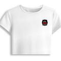 Female Baby Tee | Cropped Fitted | Cotton Spandex Blend | Pre-shrunk Stretch | Women's | Personalized | DTF | Bold Typography | Humor | Relationships | Everyday | Humorous - left pocket - White - mockup 3