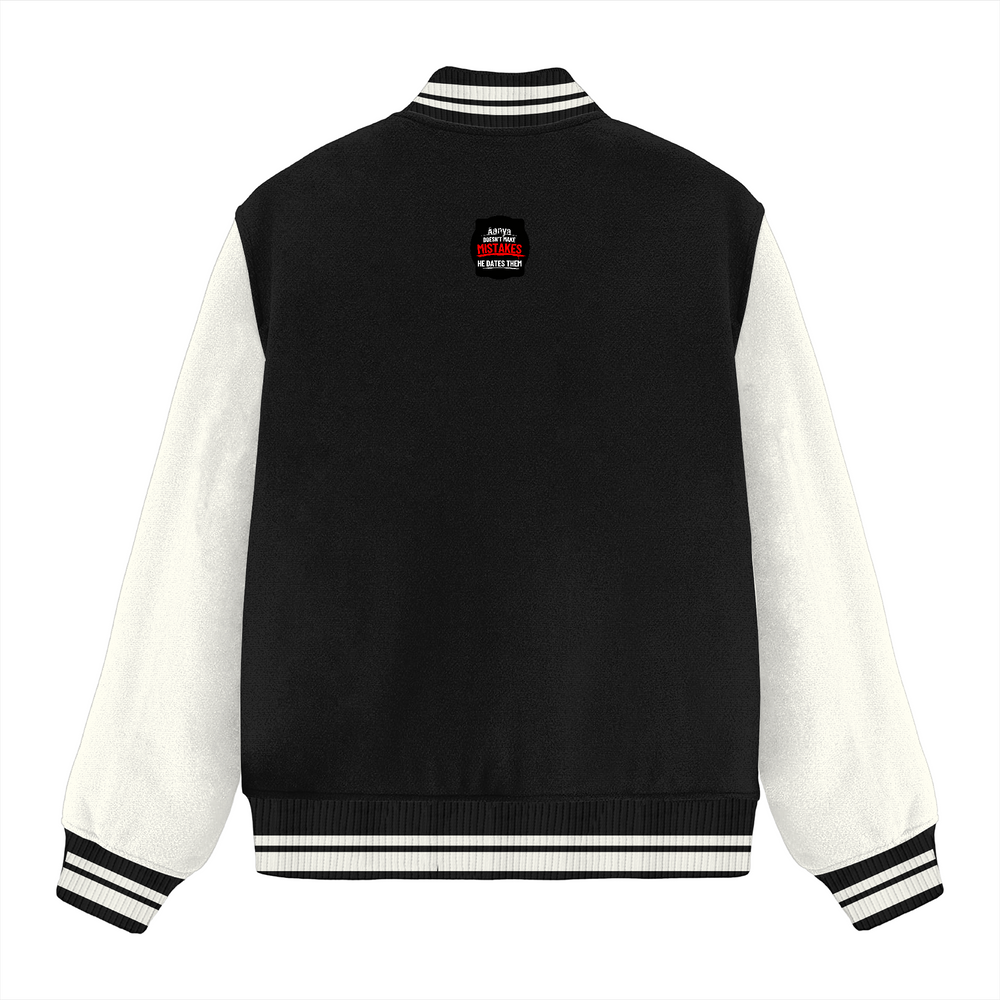 Varsity Jacket | Unisex Fit | 100% Cotton | Embroidery | Ribbed Hems & Collars | Button Closure | Pockets | Adult | Personalized | Bold Typography | Humor | Relationships | Everyday | Humorous - back - Black - mockup 3