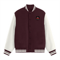 Varsity Jacket | Unisex Fit | 100% Cotton 300 GSM | Button Closure, Ribbed Hems & Collars, 2 Pockets | Unisex | Personalized | Embroidery | Bold Typography | Humor | Relationships | Everyday | Humorous - left pocket - Maroon - mockup 1