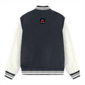 Varsity Jacket | Unisex | 100% Cotton, 300 GSM | Button Closure, Pockets, Ribbed Hems | Outerwear | Personalized | Embroidery | Bold Typography | Humor | Relationships | Everyday | Humorous - back - Navy Blue - mockup 3