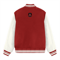 Varsity Jacket | Unisex Fit | 100% Cotton 300 GSM | Ribbed Hems & Pockets, Button Closure | Adult | Personalized | DTF | Bold Typography | Humor | Relationships | Everyday | Humorous - back - Red - mockup 3