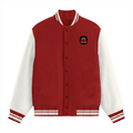 Varsity Jacket | Unisex Fit | 100% Cotton 300 GSM | Embroidery | Classic Button Closure | Unisex | Personalized | Bold Typography | Humor | Relationships | Everyday | Humorous - left pocket - Red - mockup 1