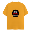 Female Classic Crew T-Shirt | Regular Fit | 180 GSM Bio-Washed Cotton Blend | Double Stitched Seam | Women's | Personalized | DTG | Bold Typography | Humor | Relationships | Everyday | Humorous - back - Golden Yellow - mockup 2